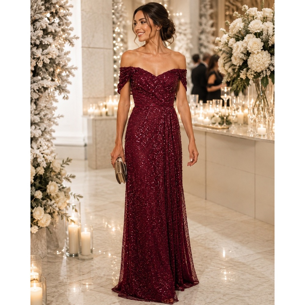 Teri Jon Burgundy Gown Sequin Beaded Tulle Off the Shoulder Dress Sz 2 Women's